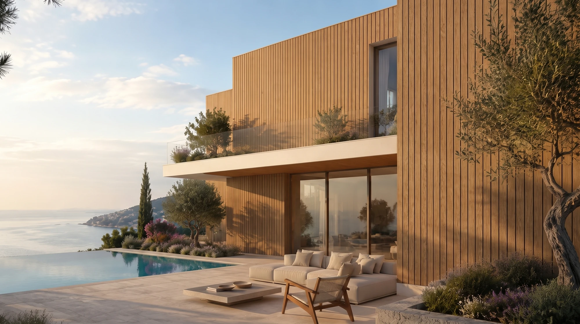 Concept visualisation of an exterior wall cladding facade in Golden Beech