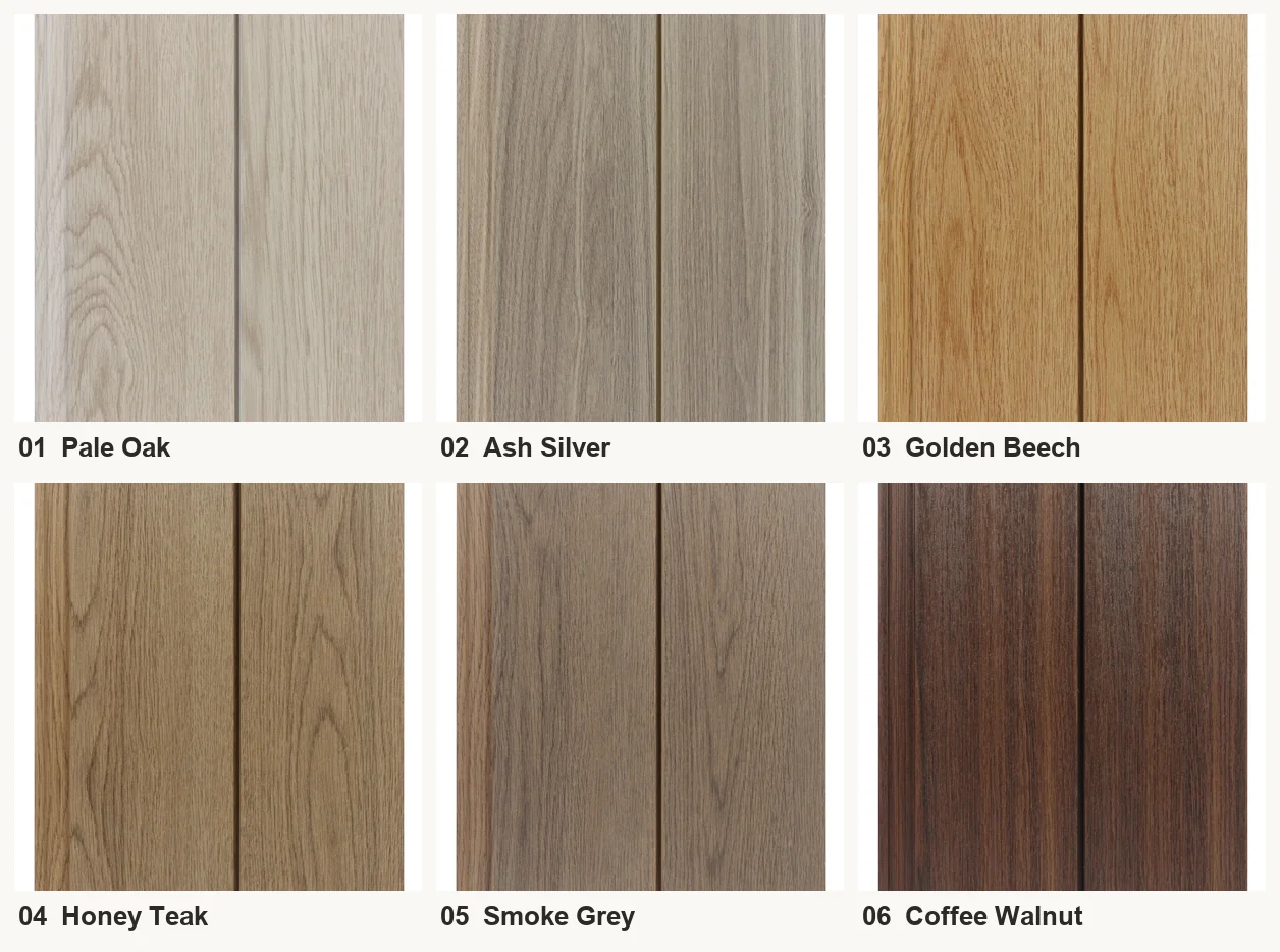 The six standard FlowVeins cladding colors: Pale Oak, Ash Silver, Golden Beech, Honey Teak, Smoke Grey, Coffee Walnut