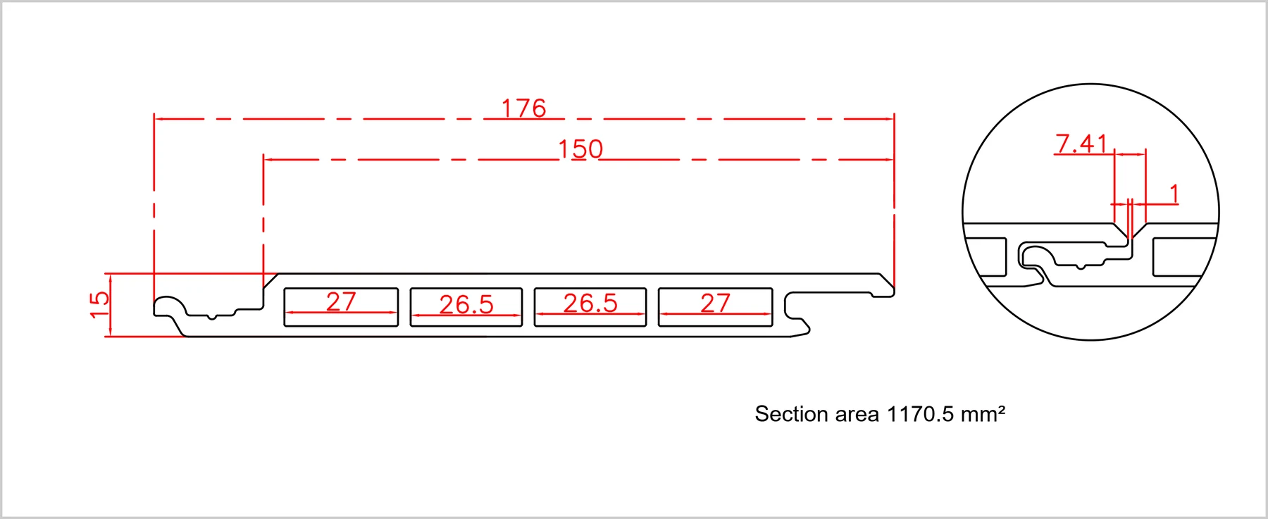 Engineering drawing of the FV01 flat FlowVeins cladding profile: 178 mm wide, 15 mm deep, 150 mm exposed face, four 26.5-27 mm chambers, with a detail view of the 7.41 mm tongue and groove edge
