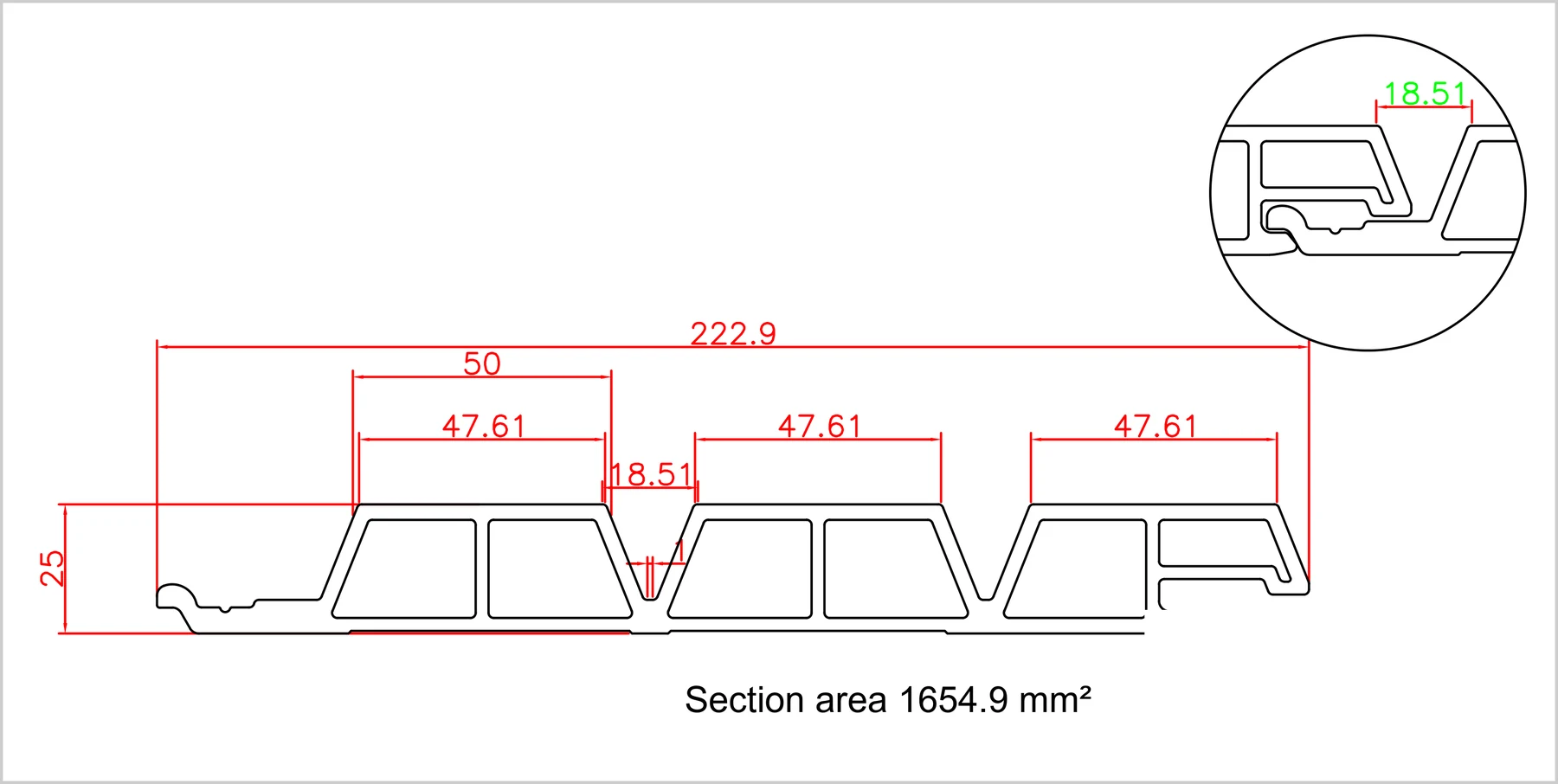 Engineering drawing of the FV02 slat-wall FlowVeins cladding profile: 223 mm wide, 25 mm deep, three 47.61 mm slats separated by 18.51 mm gaps, 195 mm exposed face, with a detail view of the interlocking joint