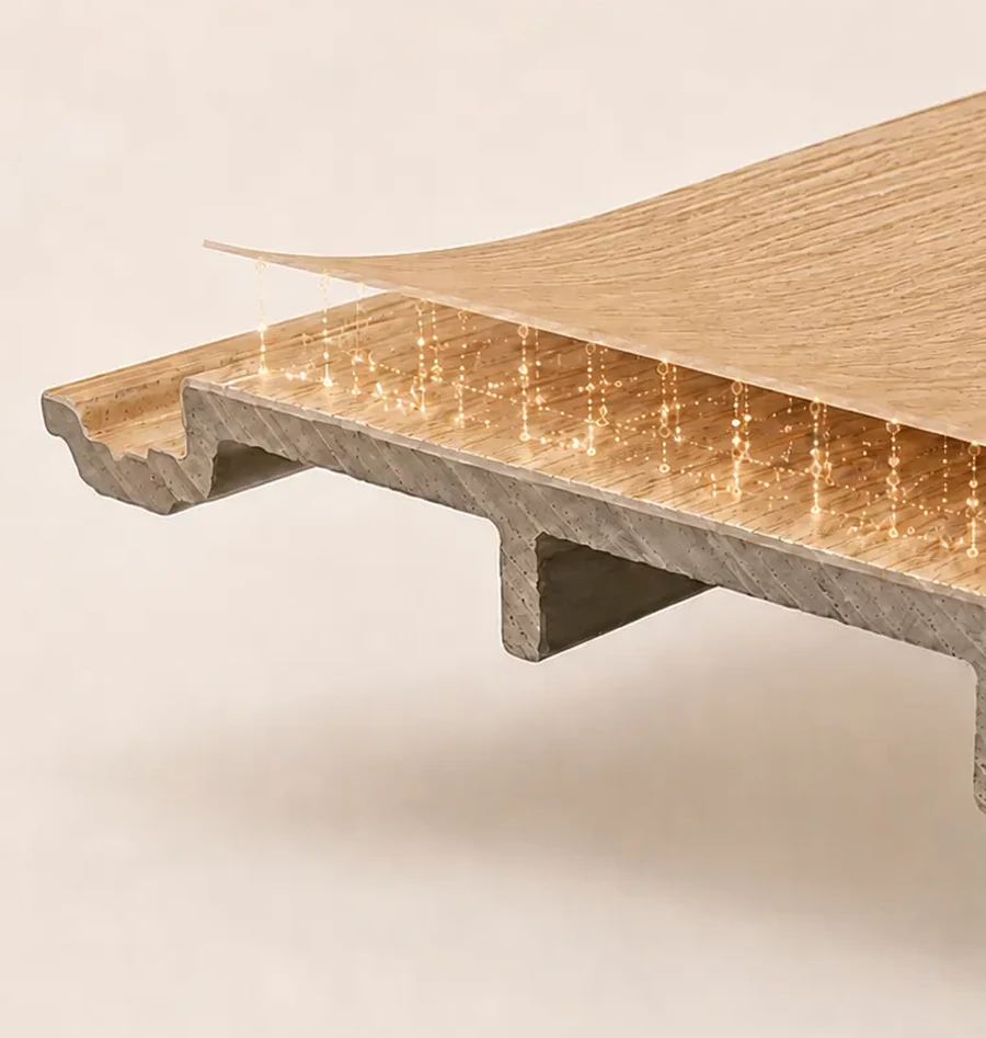 FlowVeins cladding panel cross-section with the ASA surface layer lifted to show the core below